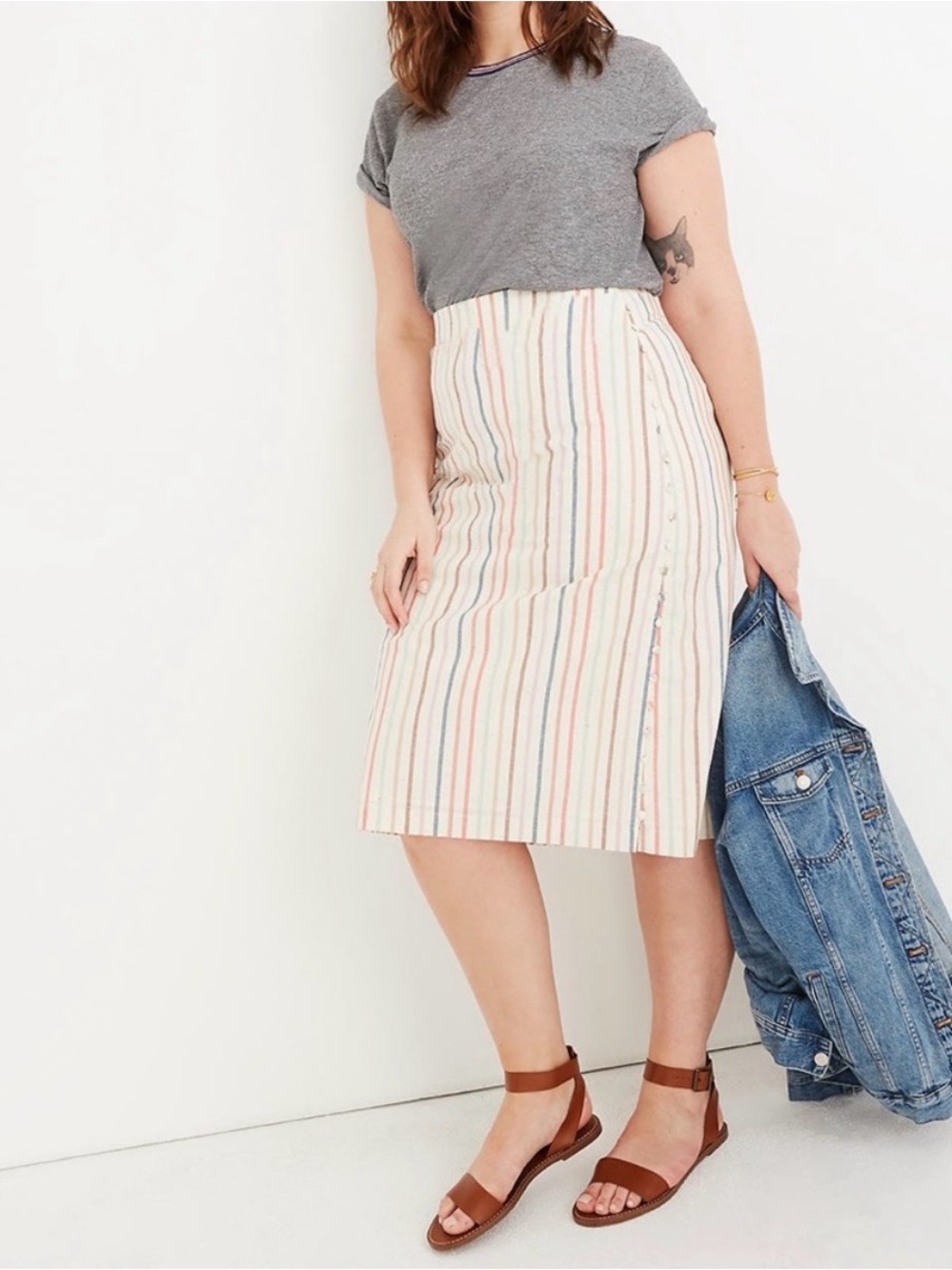 Madewell Button Slit Midi Skirt in Flecked Rainbow Stripe